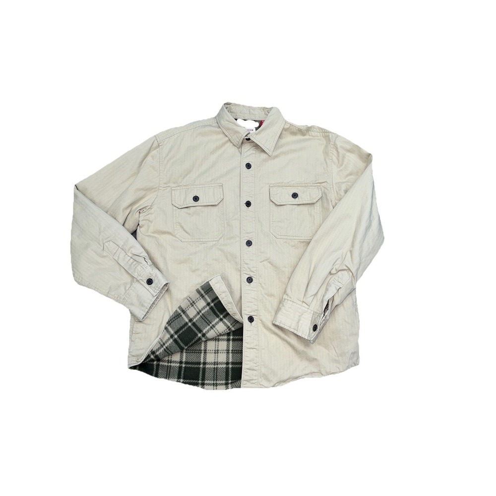 Chaps Fleece Lined Button Up Shirt Mens L Khaki Quilted Sleeves Work Utility